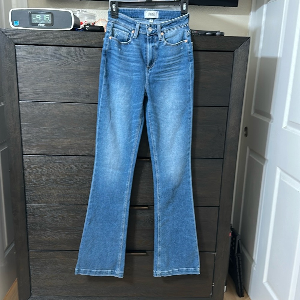 PAIGE Blue Boot Cut Jeans with Vintage Distressing